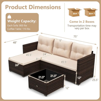 4 Seats Outdoor Wicker Furniture Set with Tempered Glass Coffee Table and Soft Cushions-Beige - Beige - Outdoor