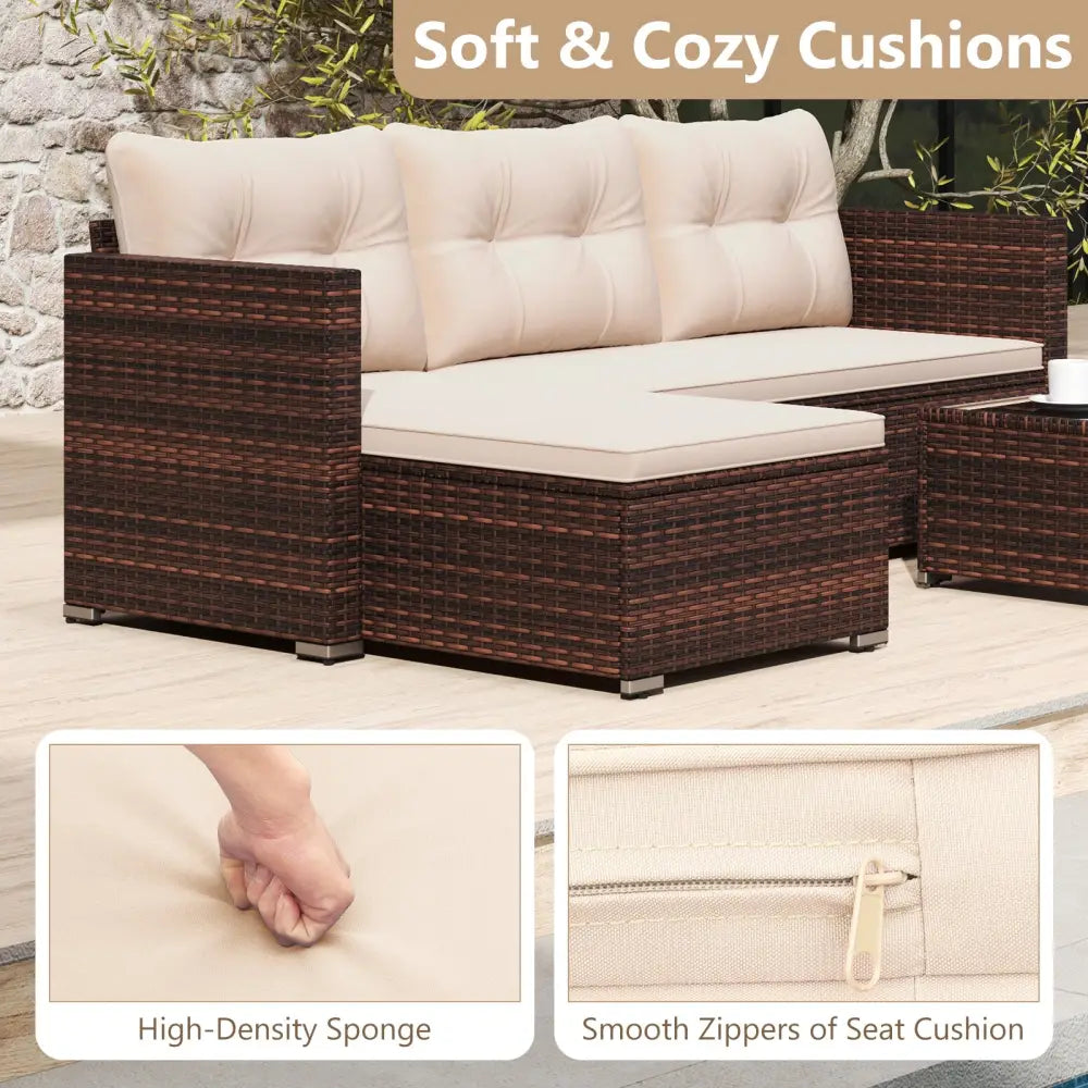 4 Seats Outdoor Wicker Furniture Set with Tempered Glass Coffee Table and Soft Cushions-Beige - Beige - Outdoor
