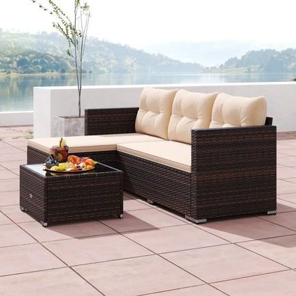 4 Seats Outdoor Wicker Furniture Set with Tempered Glass Coffee Table and Soft Cushions-Beige - Beige - Outdoor
