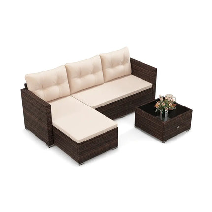 4 Seats Outdoor Wicker Furniture Set with Tempered Glass Coffee Table and Soft Cushions-Beige - Beige - Outdoor