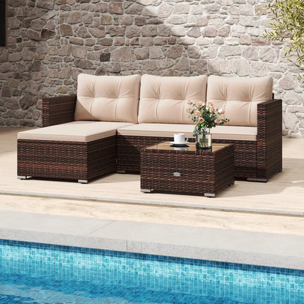4 Seats Outdoor Wicker Furniture Set with Tempered Glass Coffee Table and Soft Cushions-Beige - Beige - Outdoor