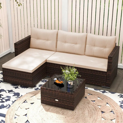 4 Seats Outdoor Wicker Furniture Set with Tempered Glass Coffee Table and Soft Cushions-Beige - Beige - Outdoor