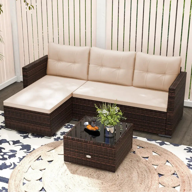 4 Seats Outdoor Wicker Furniture Set with Tempered Glass Coffee Table and Soft Cushions-Beige - Beige - Outdoor