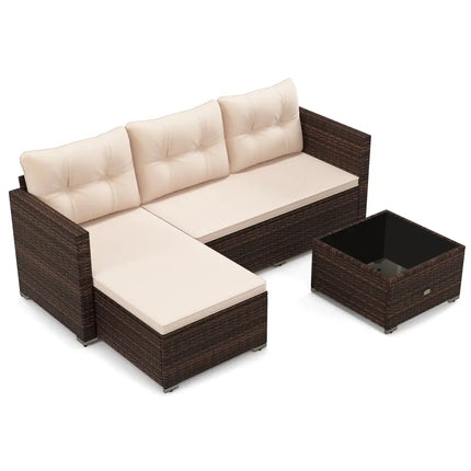 4 Seats Outdoor Wicker Furniture Set with Tempered Glass Coffee Table and Soft Cushions-Beige - Beige - Outdoor