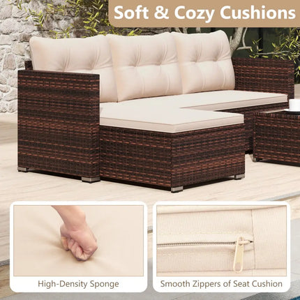 4 Seats Outdoor Wicker Furniture Set with Tempered Glass Coffee Table and Soft Cushions-Beige - Beige - Outdoor