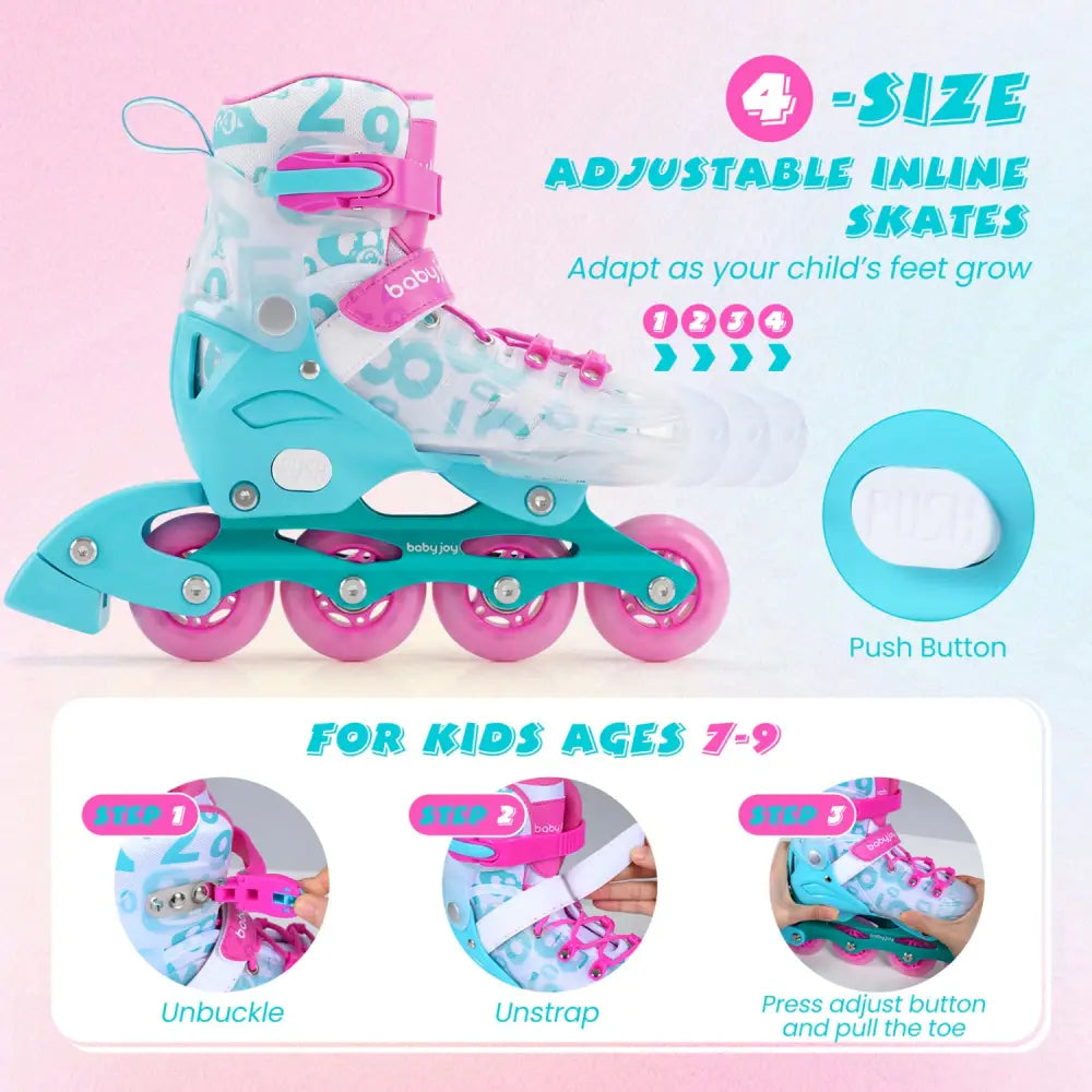 4-Size Adjustable Illuminating Kids Inline Skates with Light Up Wheels-Blue and Pink - Pink & Blue - Toy Sports