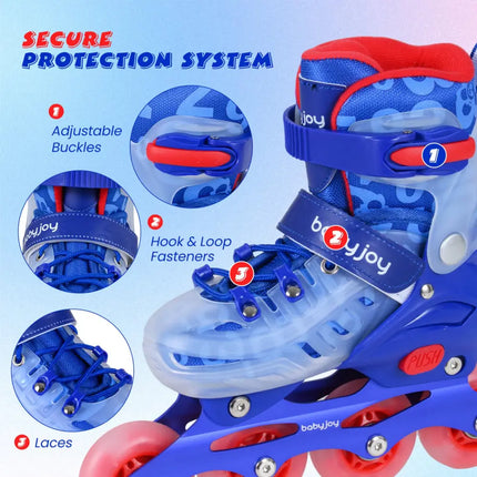4-Size Adjustable Illuminating Kids Inline Skates with Light Up Wheels-Blue - Blue - Toy Sports