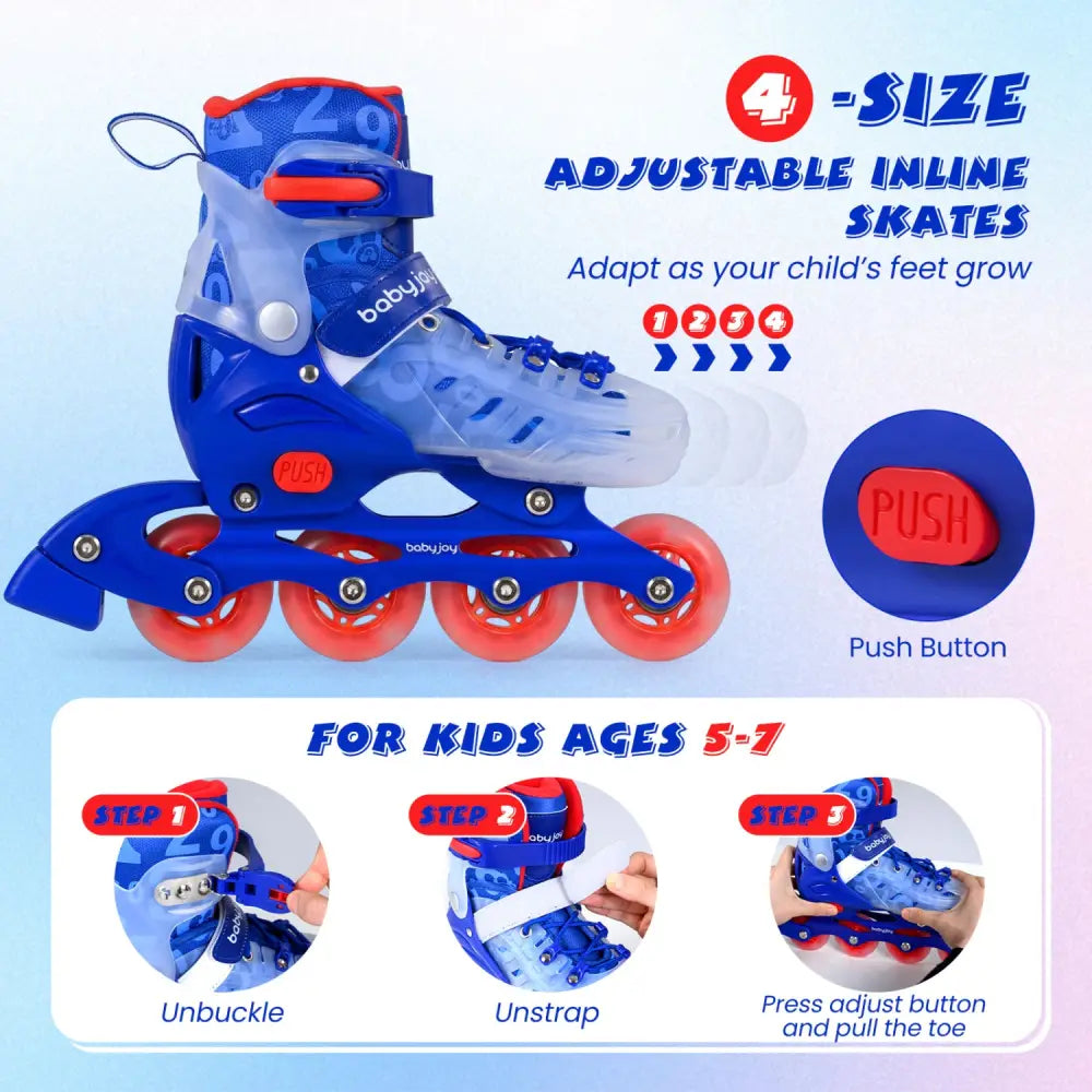 4-Size Adjustable Kids Inline Skates for Beginners Ages 5-7-Blue - Blue - Toy Sports