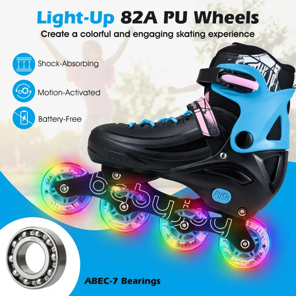 4-Size Adjustable Light-Up Inline Skates for Toddlers Ages 5-7-Black - Black - Toy Sports