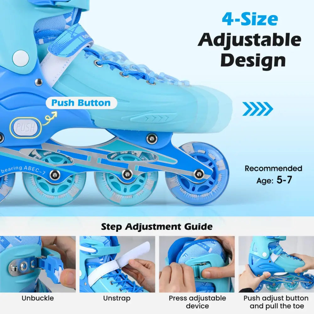 4-Size Adjustable Light-Up Inline Skates for Toddlers Ages 5-7-Blue - Blue - Toy Sports