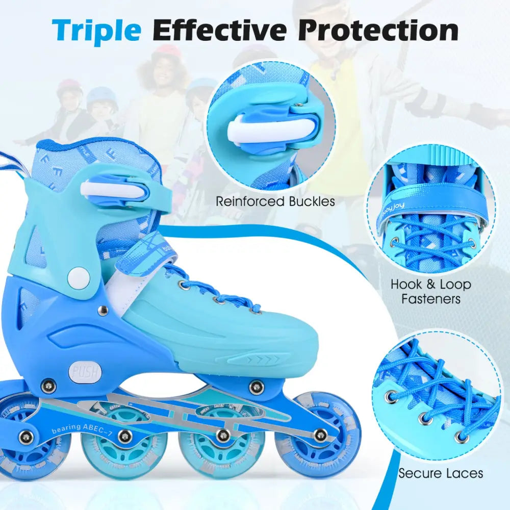 4-Size Adjustable Light-Up Inline Skates for Toddlers Ages 5-7-Blue - Blue - Toy Sports