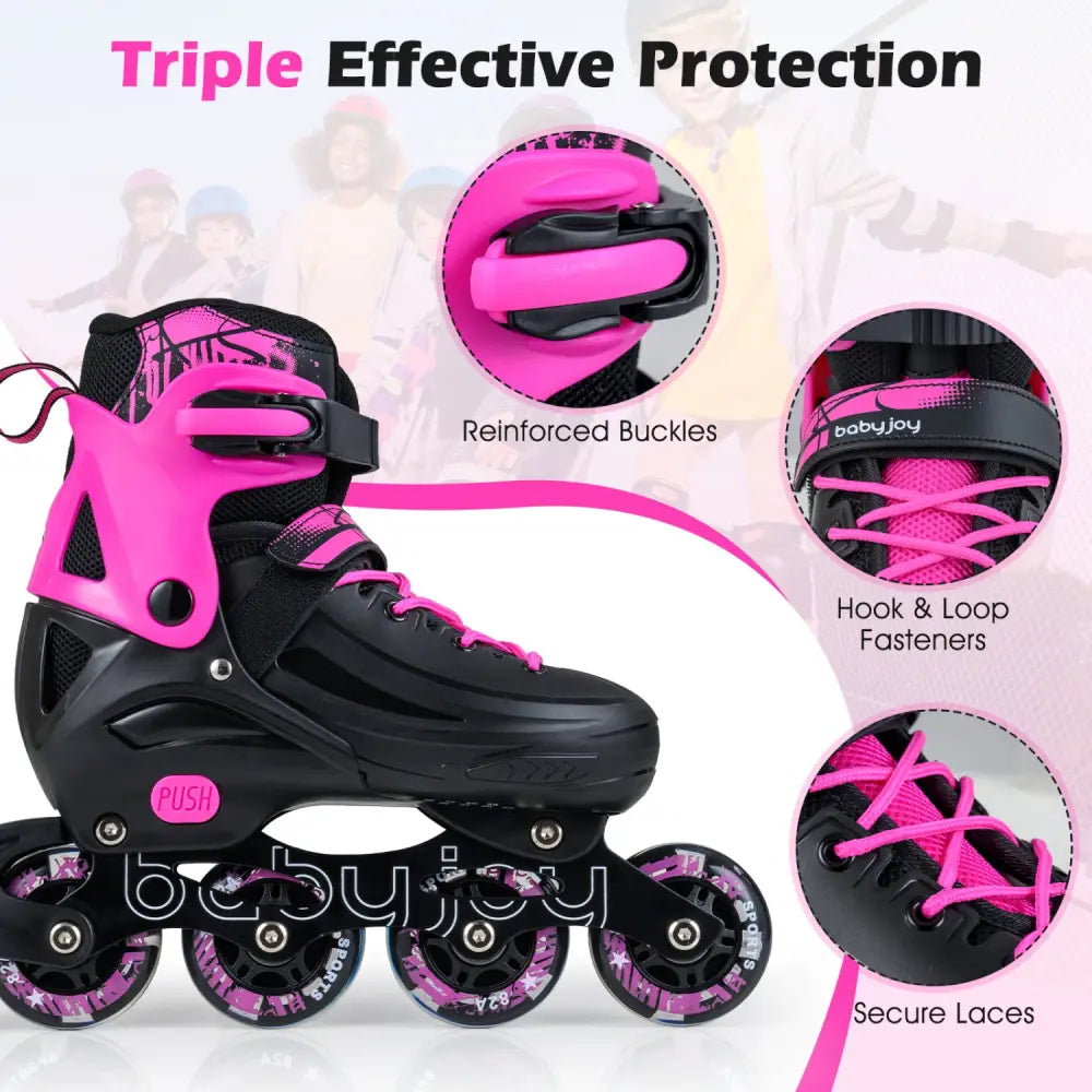4-Size Adjustable Light-Up Inline Skates for Toddlers Ages 5-7-Pink - Pink - Toy Sports