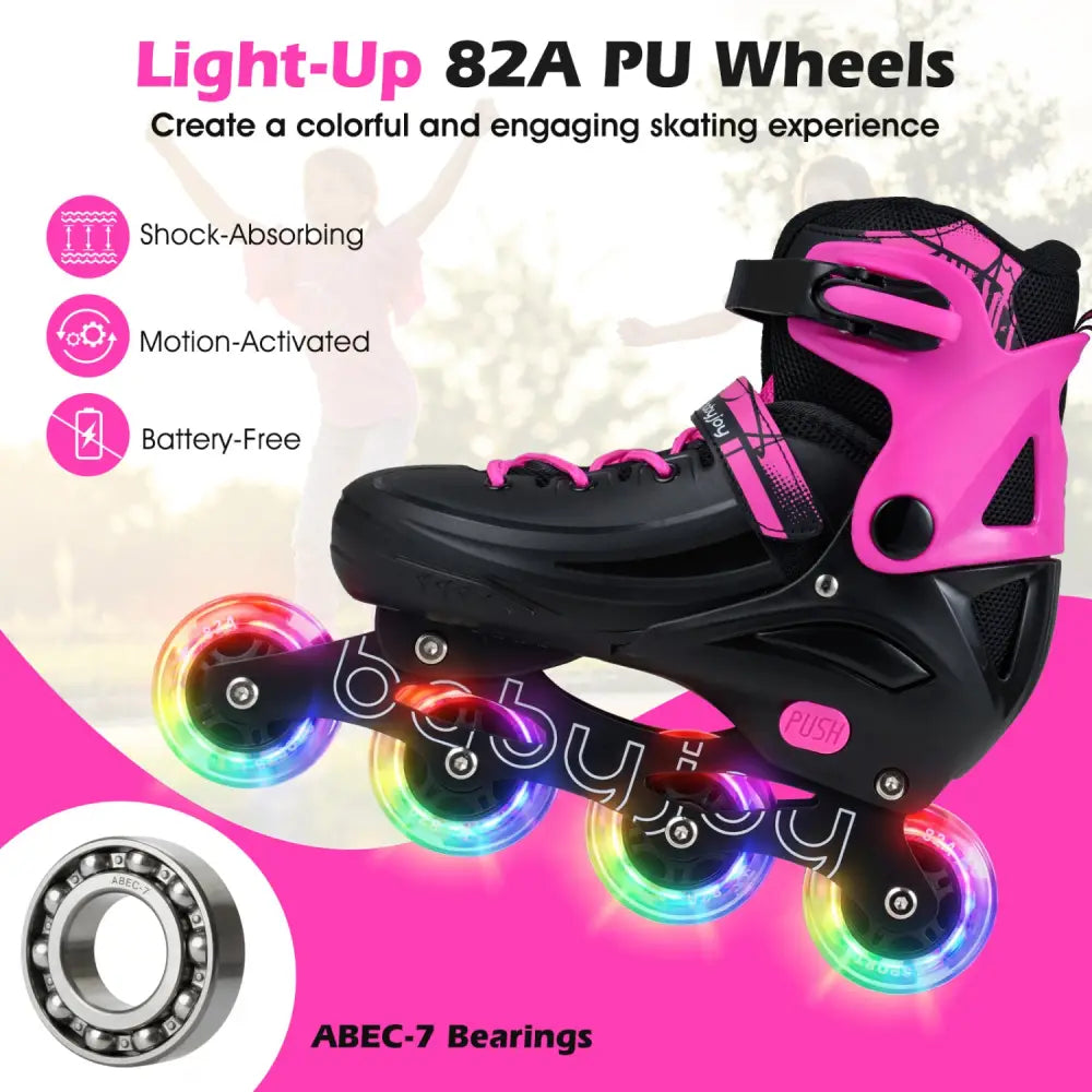 4-Size Adjustable Light-Up Inline Skates for Toddlers Ages 5-7-Pink - Pink - Toy Sports