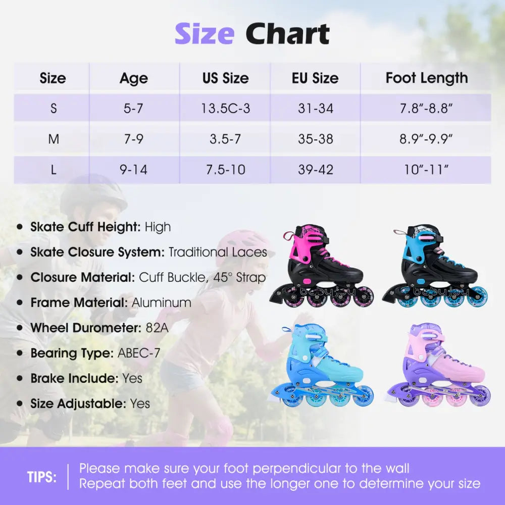 4-Size Adjustable Light-Up Inline Skates for Toddlers Ages 5-7-Purple - Purple - Toy Sports