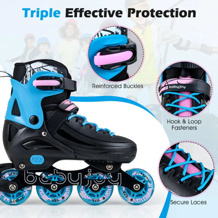 4-Size Adjustable Light-Up Kids Inline Skates for Kids Ages 7-9-Black - Black - Toy Sports