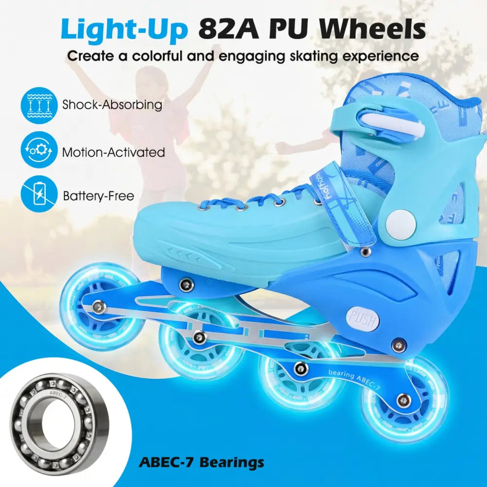 4-Size Adjustable Light-Up Kids Inline Skates for Kids Ages 7-9-Blue - Blue - Toy Sports