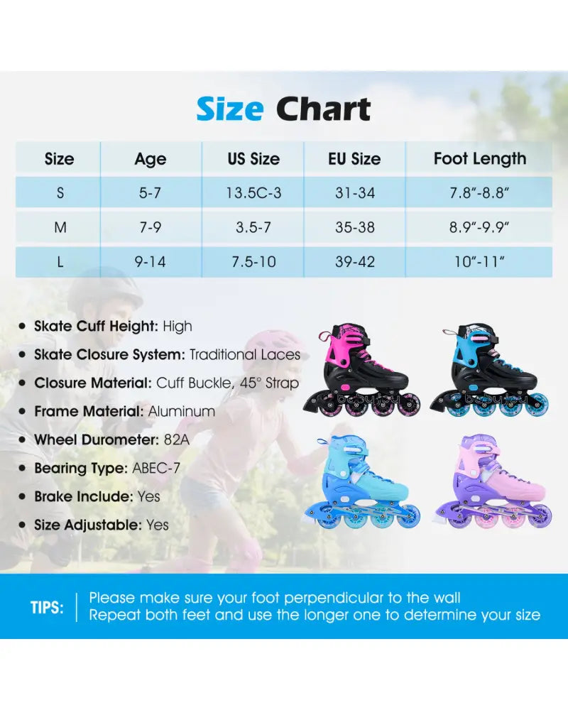 4-Size Adjustable Light-Up Kids Inline Skates for Kids Ages 7-9-Blue - Blue - Toy Sports