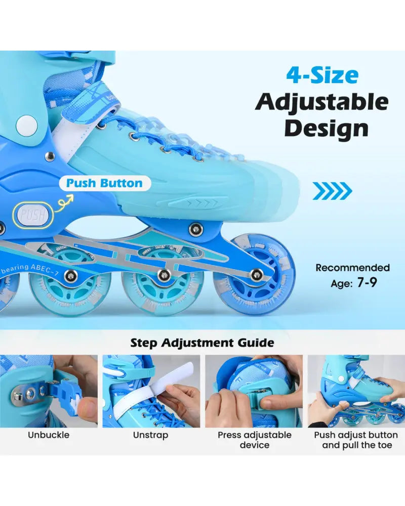 4-Size Adjustable Light-Up Kids Inline Skates for Kids Ages 7-9-Blue - Blue - Toy Sports