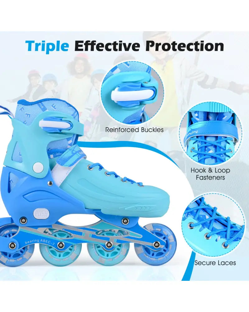 4-Size Adjustable Light-Up Kids Inline Skates for Kids Ages 7-9-Blue - Blue - Toy Sports