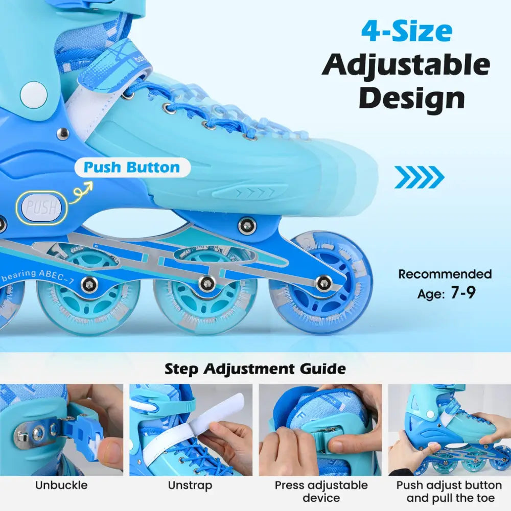 4-Size Adjustable Light-Up Kids Inline Skates for Kids Ages 7-9-Blue - Blue - Toy Sports