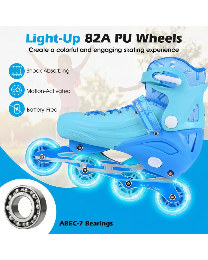 4-Size Adjustable Light-Up Kids Inline Skates for Kids Ages 7-9-Blue - Blue - Toy Sports