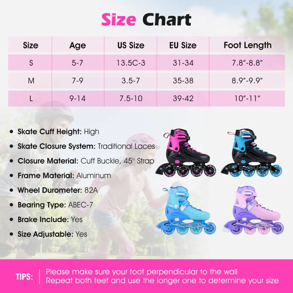 4-Size Adjustable Light-Up Kids Inline Skates for Kids Ages 7-9-Pink - Pink - Toy Sports