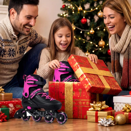 4-Size Adjustable Light-Up Kids Inline Skates for Kids Ages 7-9-Pink - Pink - Toy Sports