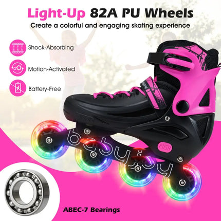 4-Size Adjustable Light-Up Kids Inline Skates for Kids Ages 7-9-Pink - Pink - Toy Sports