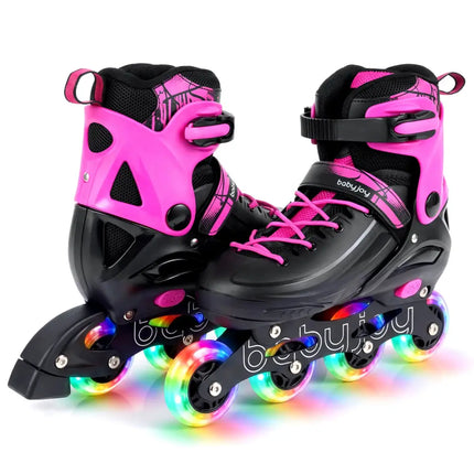 4-Size Adjustable Light-Up Kids Inline Skates for Kids Ages 7-9-Pink - Pink - Toy Sports