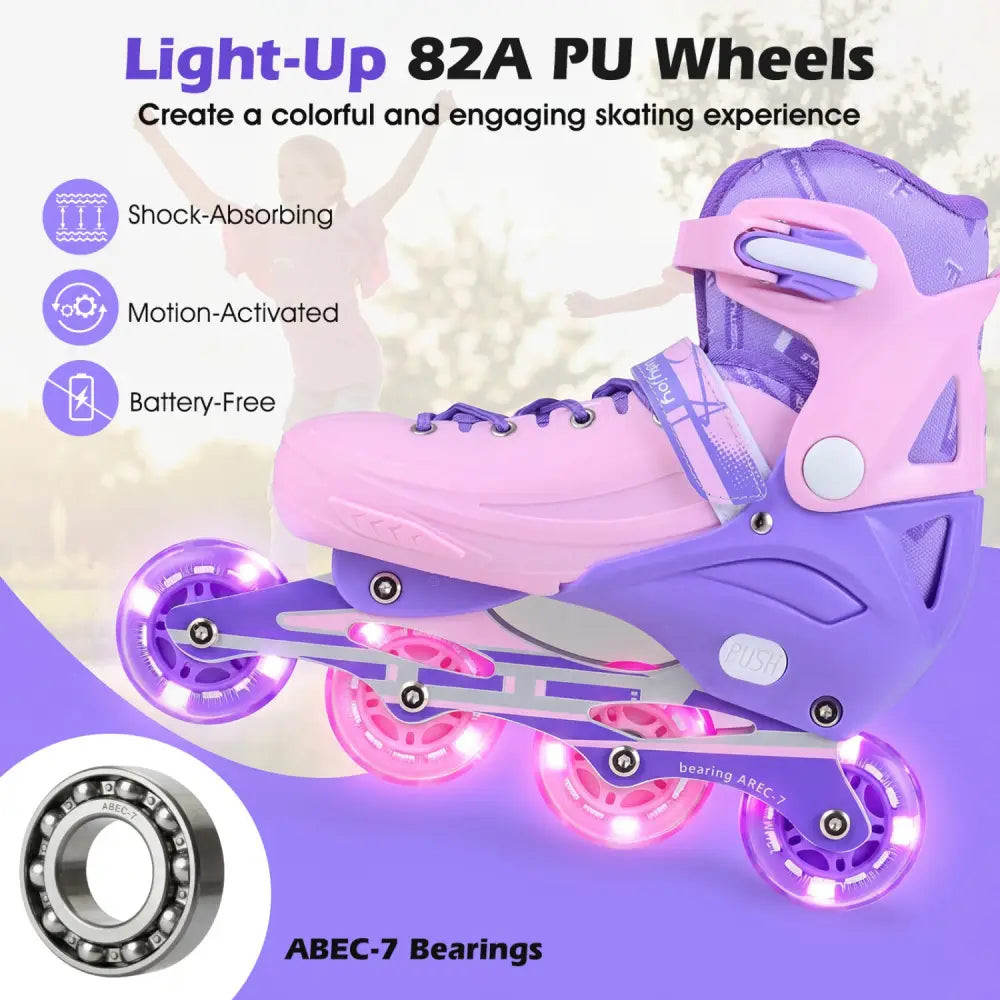 4-Size Adjustable Light-Up Kids Inline Skates for Kids Ages 7-9-Purple - Purple - Toy Sports