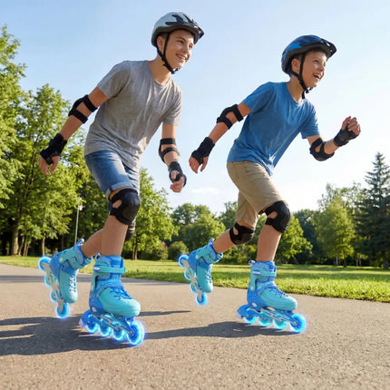 4-Size Adjustable Light-Up Kids Inline Skates for Kids Ages 9-14-Blue - Blue - Toy Sports