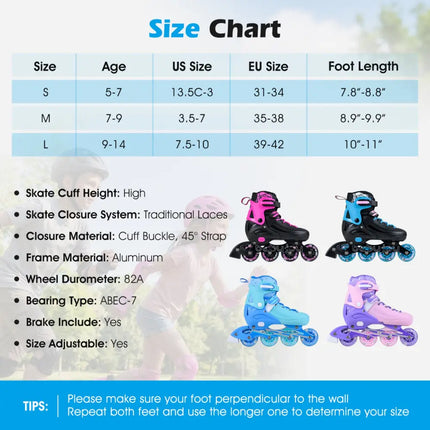 4-Size Adjustable Light-Up Kids Inline Skates for Kids Ages 9-14-Blue - Blue - Toy Sports