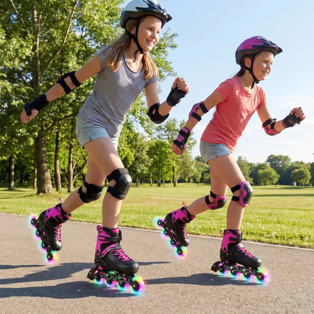 4-Size Adjustable Light-Up Kids Inline Skates for Kids Ages 9-14-Pink - Pink - Toy Sports