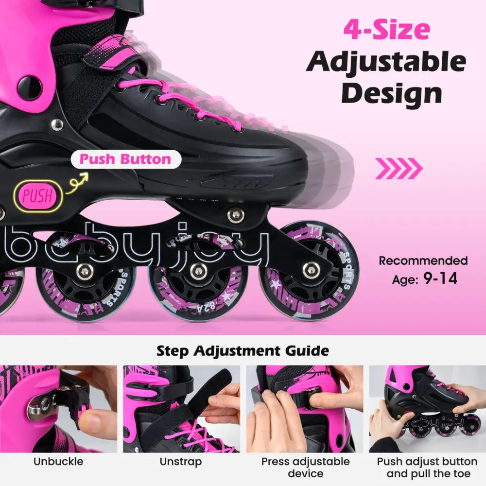 4-Size Adjustable Light-Up Kids Inline Skates for Kids Ages 9-14-Pink - Pink - Toy Sports