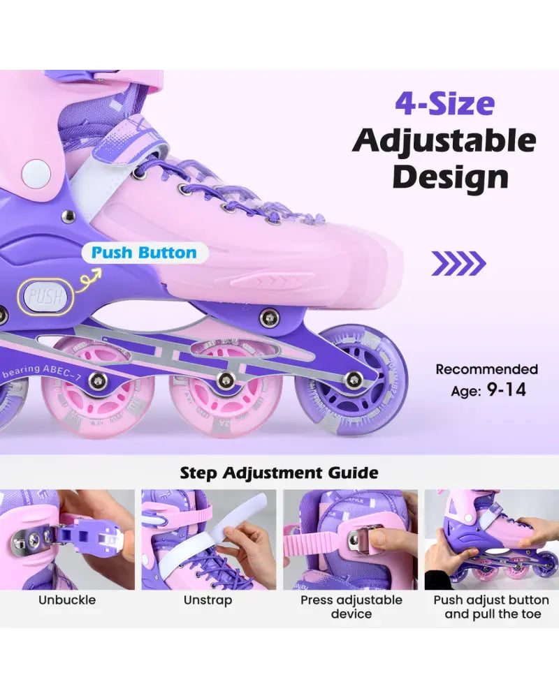 4-Size Adjustable Light-Up Kids Inline Skates for Kids Ages 9-14-Purple - Purple - Toy Sports