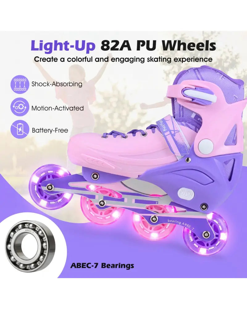 4-Size Adjustable Light-Up Kids Inline Skates for Kids Ages 9-14-Purple - Purple - Toy Sports