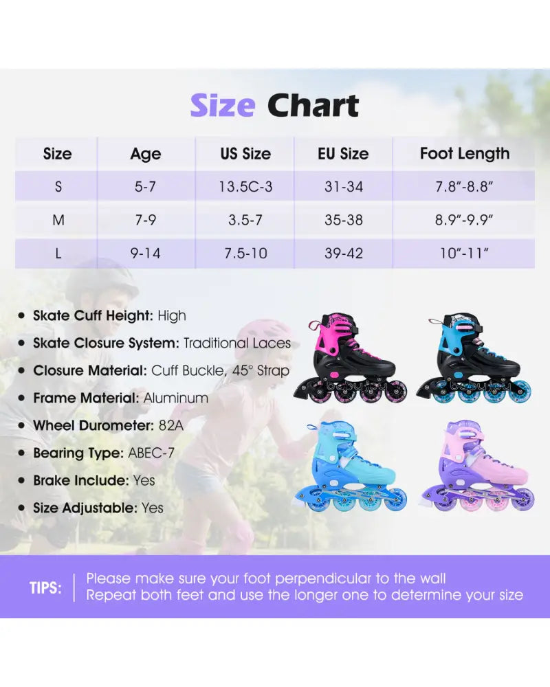 4-Size Adjustable Light-Up Kids Inline Skates for Kids Ages 9-14-Purple - Purple - Toy Sports