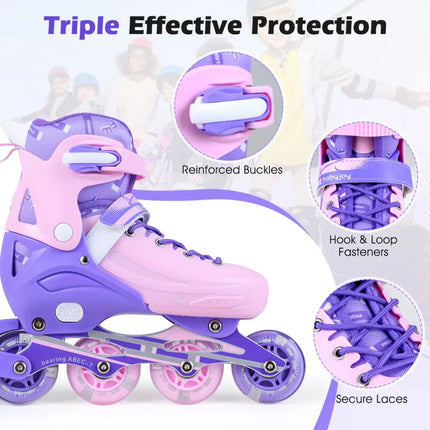 4-Size Adjustable Light-Up Kids Inline Skates for Kids Ages 9-14-Purple - Purple - Toy Sports