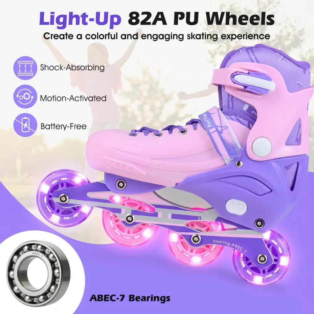 4-Size Adjustable Light-Up Kids Inline Skates for Kids Ages 9-14-Purple - Purple - Toy Sports