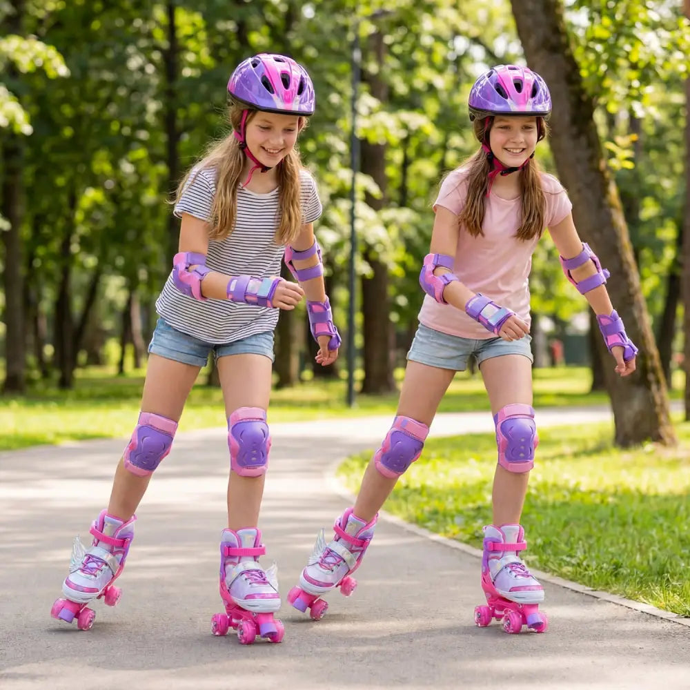 4 Sizes Adjustable Kids Roller Skates for Toddlers Ages 9-14 with 4 Light-up Wheels-Pink - Pink - Toy Sports