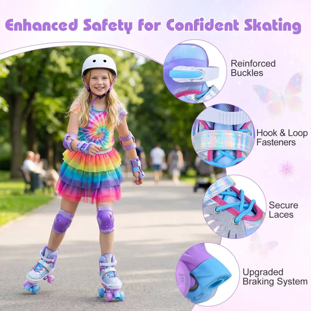 4 Sizes Adjustable Kids Roller Skates for Toddlers Ages 9-14 with 4 Light-up Wheels-Blue - Blue - Toy Sports