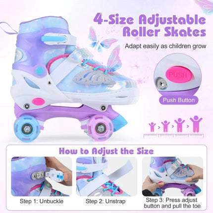 4 Sizes Adjustable Kids Roller Skates for Toddlers Ages 9-14 with 4 Light-up Wheels-Blue - Blue - Toy Sports