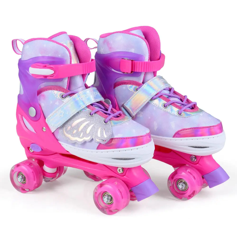 4 Sizes Adjustable Kids Roller Skates for Toddlers Ages 9-14 with 4 Light-up Wheels-Pink - Pink - Toy Sports