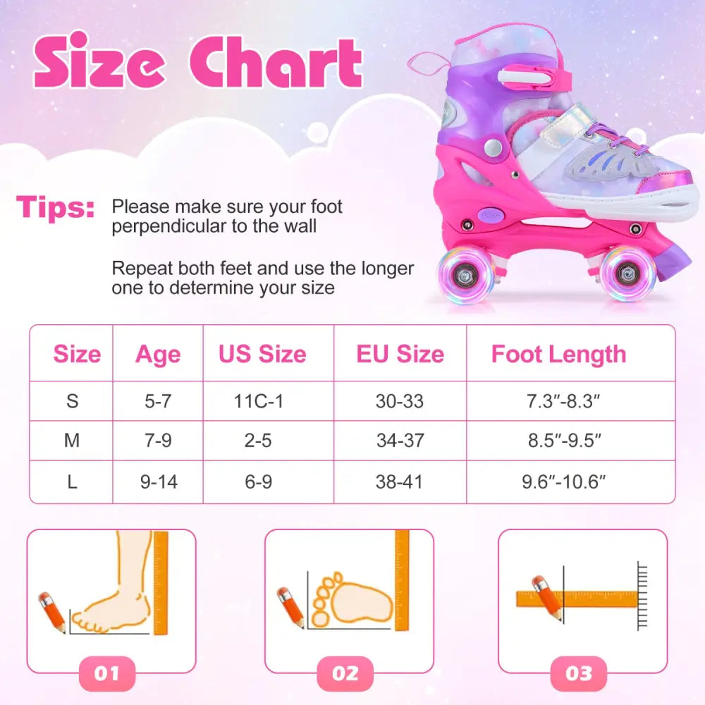 4 Sizes Adjustable Kids Roller Skates for Toddlers Ages 9-14 with 4 Light-up Wheels-Pink - Pink - Toy Sports
