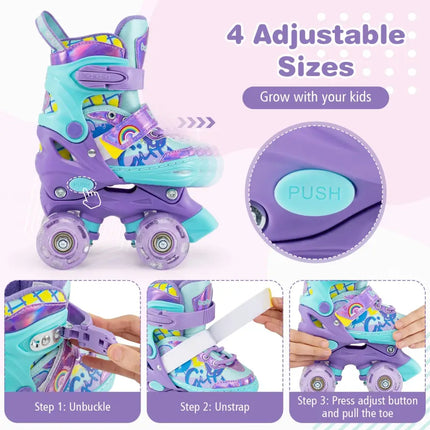 4 Sizes Adjustable Kids Roller Skates with Light-up Wheels and Safety Protection-Purple - Purple - Toy Sports