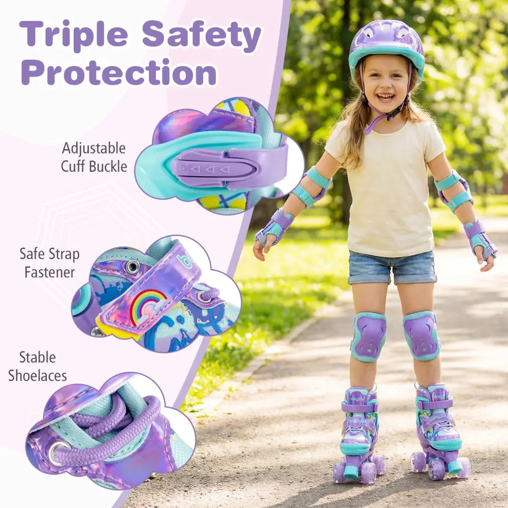 4 Sizes Adjustable Kids Roller Skates with Light-up Wheels and Safety Protection S Size-Purple - Purple - Toy Sports