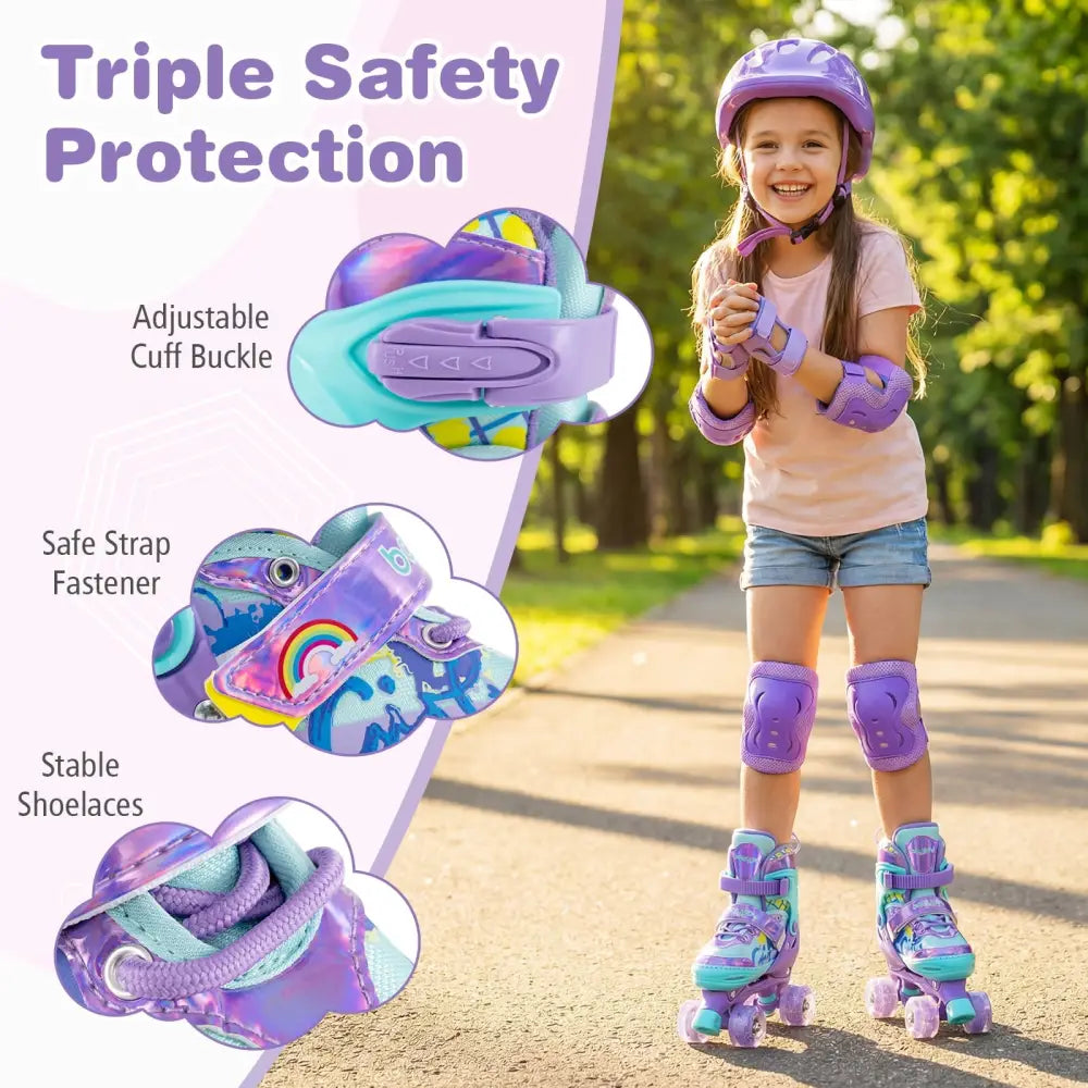 4 Sizes Adjustable Kids Roller Skates with Light-up Wheels and Safety Protection M Size-Purple - Purple - Toy Sports