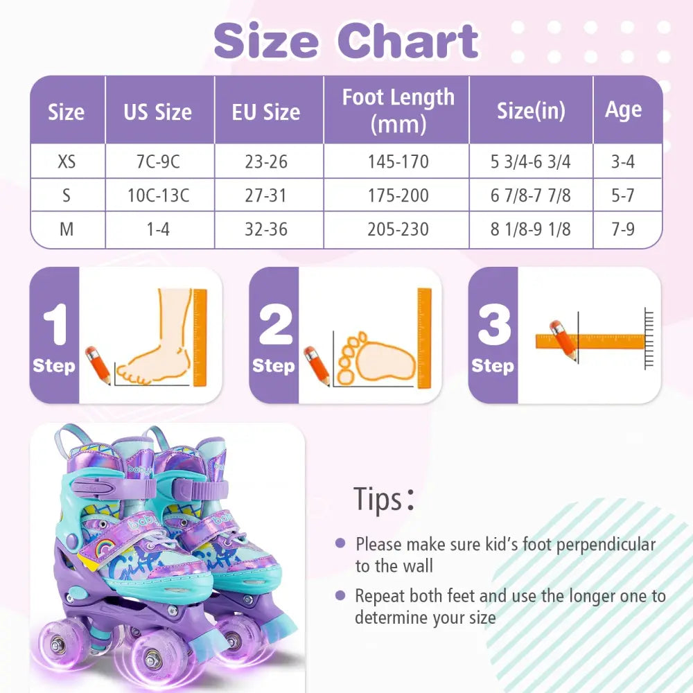 4 Sizes Adjustable Kids Roller Skates with Light-up Wheels and Safety Protection S Size-Purple - Purple - Toy Sports