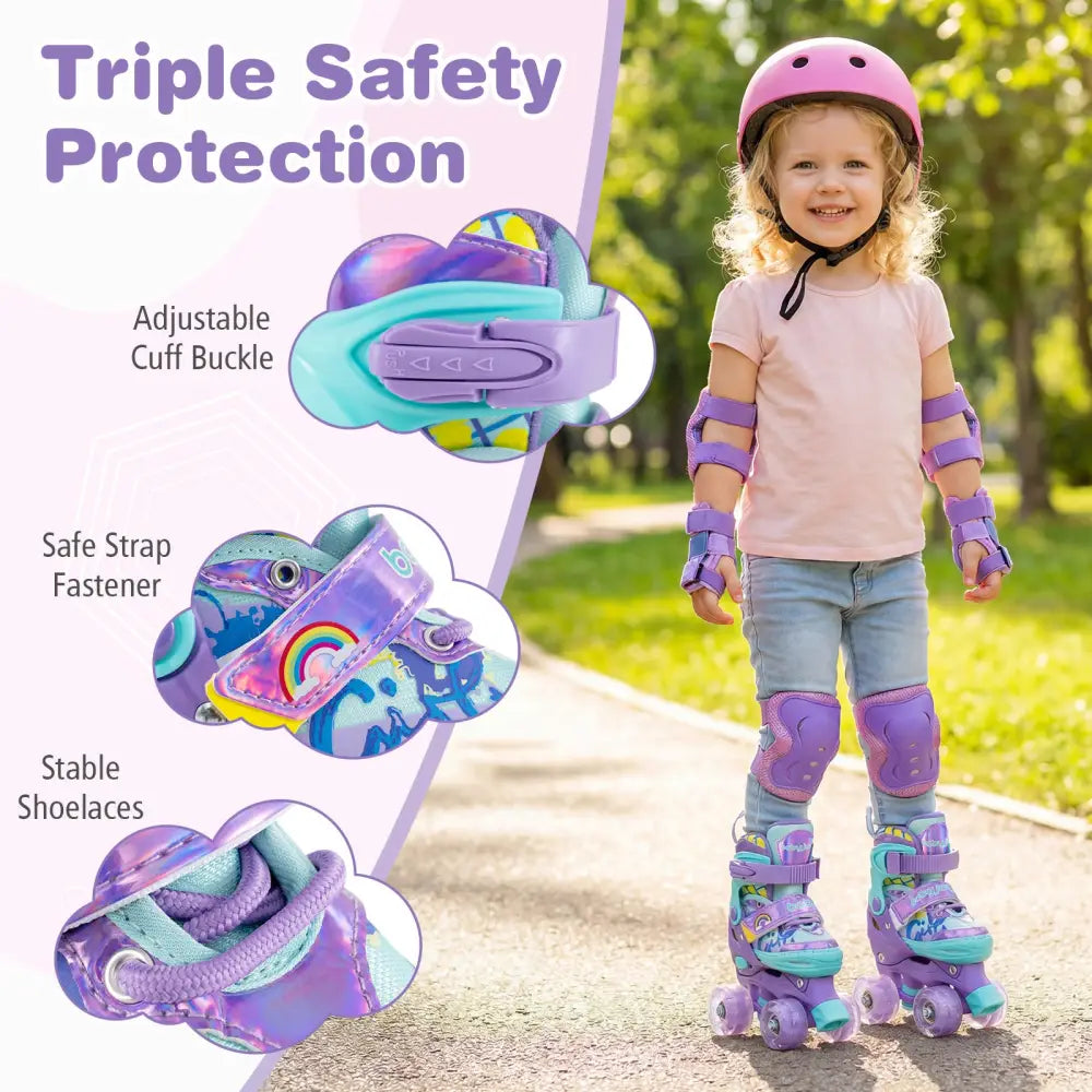 4 Sizes Adjustable Kids Roller Skates with Light-up Wheels and Safety Protection-Purple - Purple - Toy Sports
