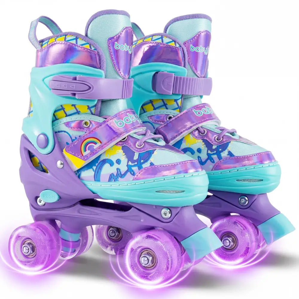 4 Sizes Adjustable Kids Roller Skates with Light-up Wheels and Safety Protection M Size-Purple - Purple - Toy Sports
